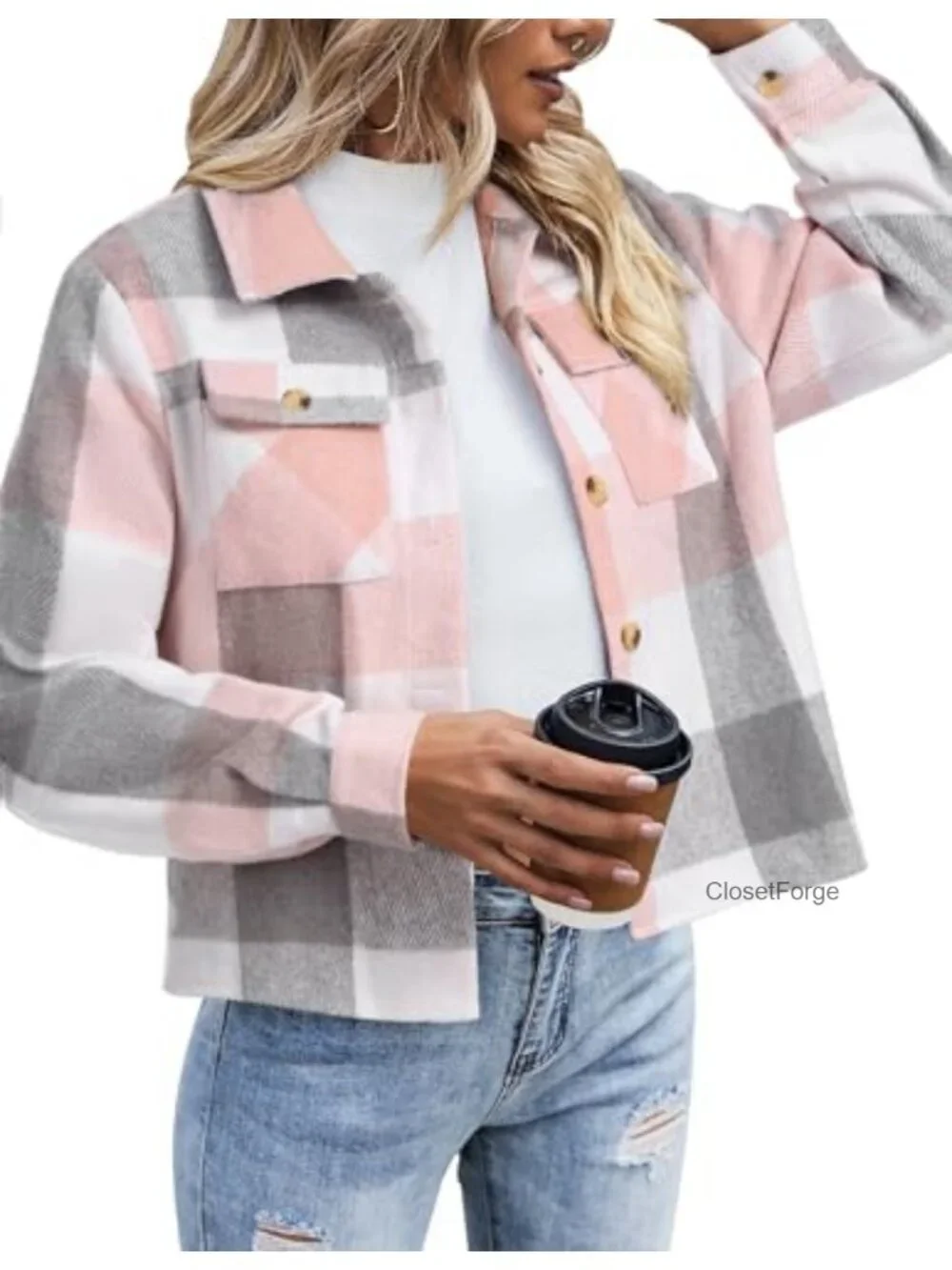 Cropped Plaid Shacket Jacket Flannel Button Down Long Sleeve